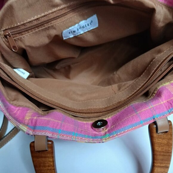 Seersucker & Hemp Plaids & Stripes Wood Satchel Handle & Removable Strap NWOT - Picture 8 of 8